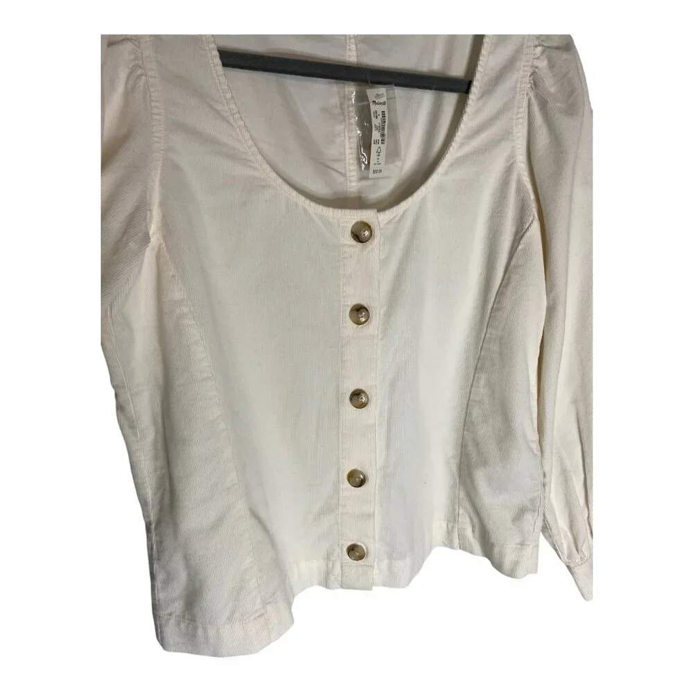 NWT Madewell Corduroy Shirred-Sleeve Button-Front Cream Top-sz small